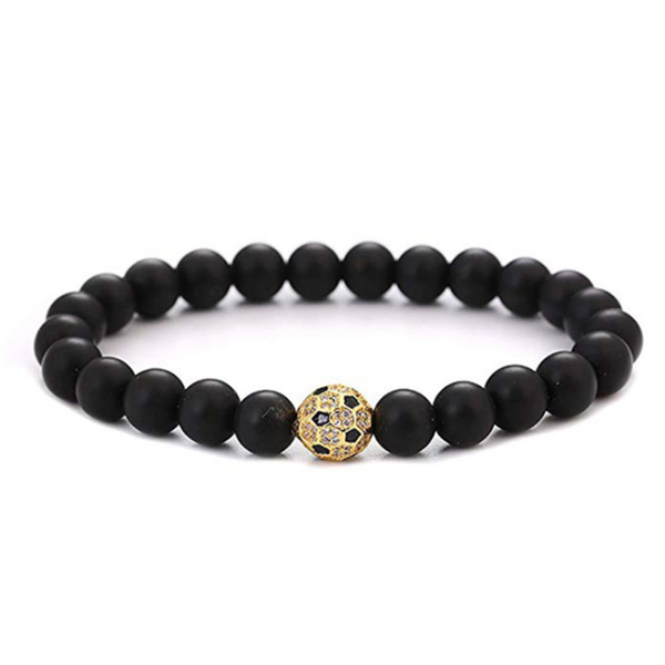 

fyjs unique jewelry light yellow gold color football with black stone round beads stretchy bracelet, Golden;silver