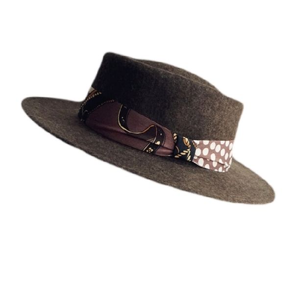 

french retro coffee brown panama flat-ed hat wool flat-ed hat for men and women hat, Blue;gray