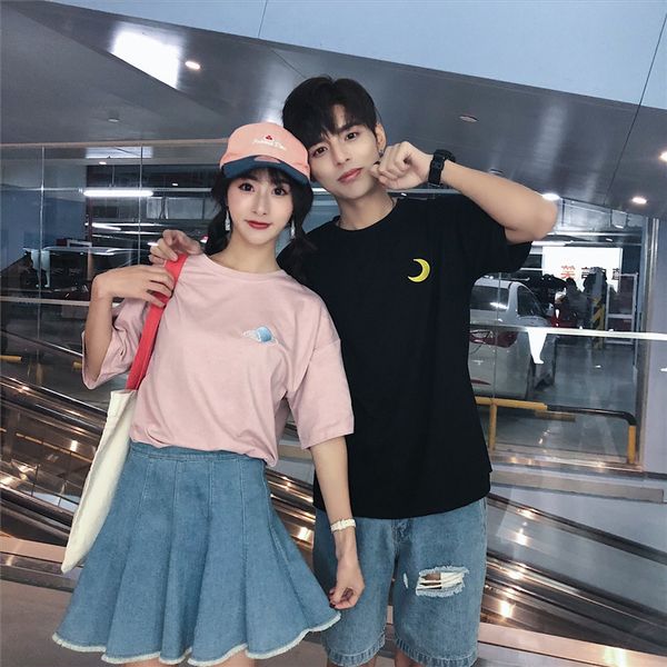 

3635 хлопка пара t- с короткими рукавами трусы футболки трусы вышитые рыхлый студентку полурукав база рубашки мужские и женские, White