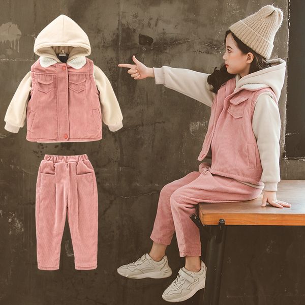 

winter 3 pieces casual girls suit thicken fleece corduroy vest + hoodies + pants children with velvet hooded fleece pants, White