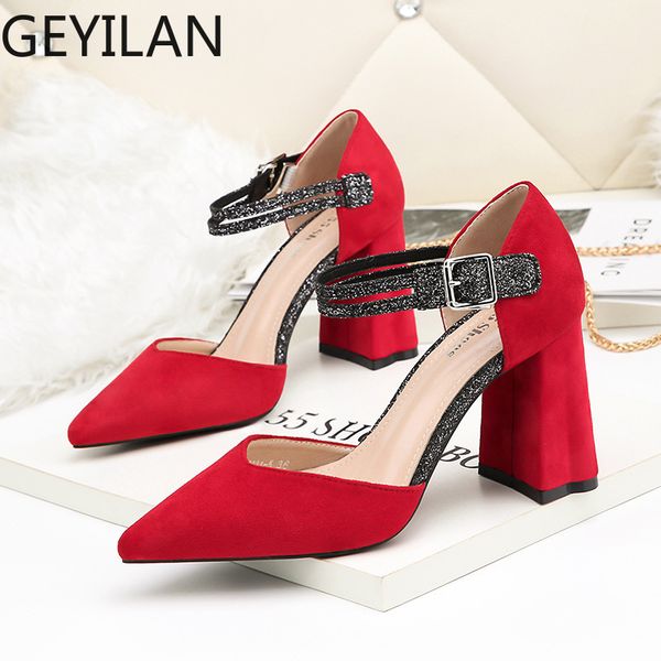 

pointed toe women summer thick heels sandals 2020 brand designer fashion high heels casual buckle strap casual sandals, Black