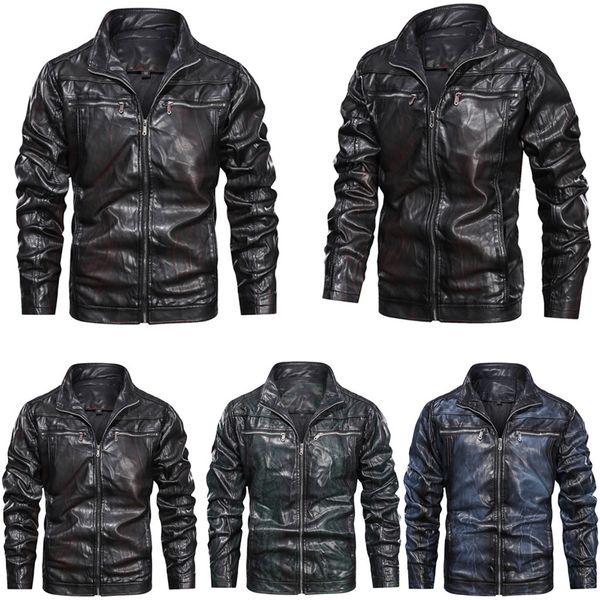 

erkek mont chaqueta hombre men's autumn winter vintage zipper stand collar solid imitation leather coat veste homme jaqueta, Black