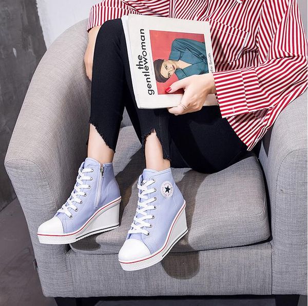 

2019 fashion women shoes wedge sneakers high platform shoes woman female casual elevator high heels canvas shoes plus size c09, Black