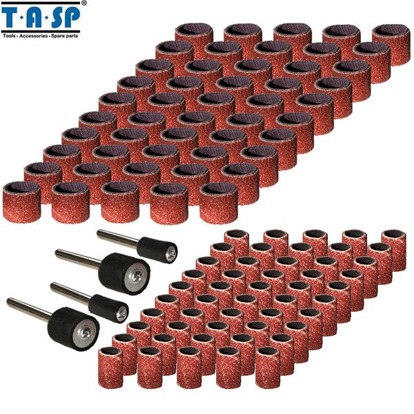 

tasp 100pcs abrasive sanding band sleeve & drum kit sandpaper rotary tools accessories with mandrels grit 80/120/180