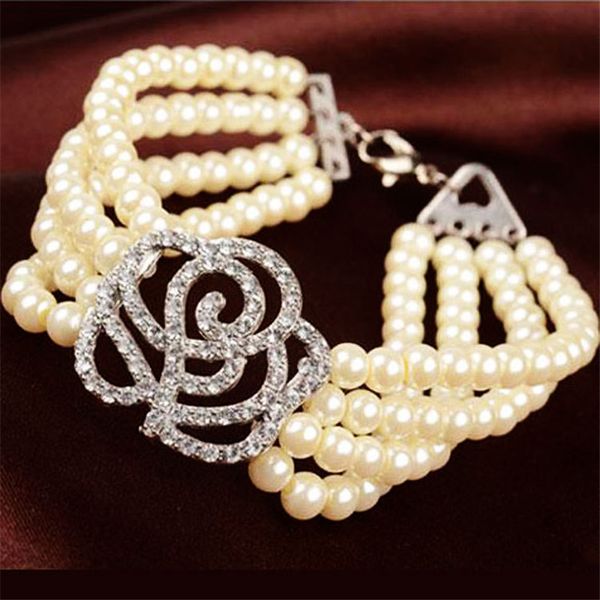 

женщины lady женской подруги серебро цвет четыре слой pearl браслет, регулируемый кристалл rhinestone браслет wrap роуз браслет, Black