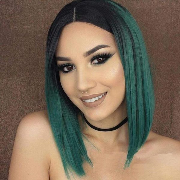 

women's bobo wig short straight hair gradation malachite green blackish green cosplay wigs with simulated scalp 35 cm long, Black