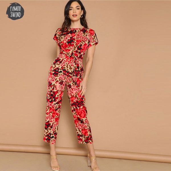 

highstreet lady jumpsuit rolled up sleeve knot front leopard print women summer high waist casual tapered jumpsuit, Black;white