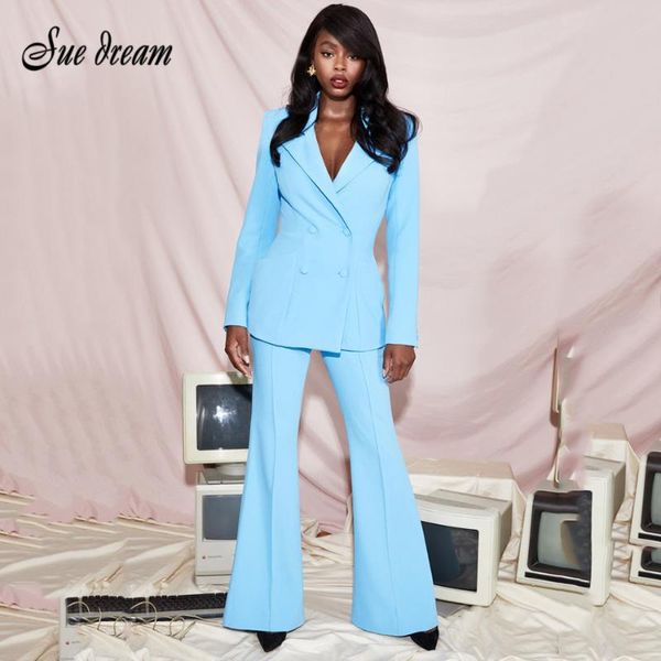 

two piece dress 2021 women's fashion long sleeve v-neck 2 two-piece set coat & wide leg pants bodycon elegant club party, White