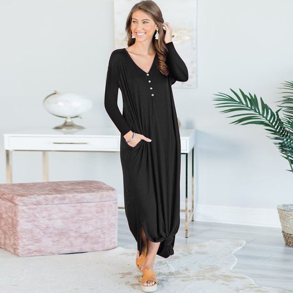 

casual loose long dress women vintage v neck slit side solid maxi dress boho long robe autumn women ladies dresses vestido, Black;gray