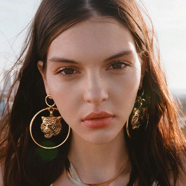 

2019 new latest fashion women's gold lion circle loop dangle earrings female vintage party jewelry lion statement earring, Silver