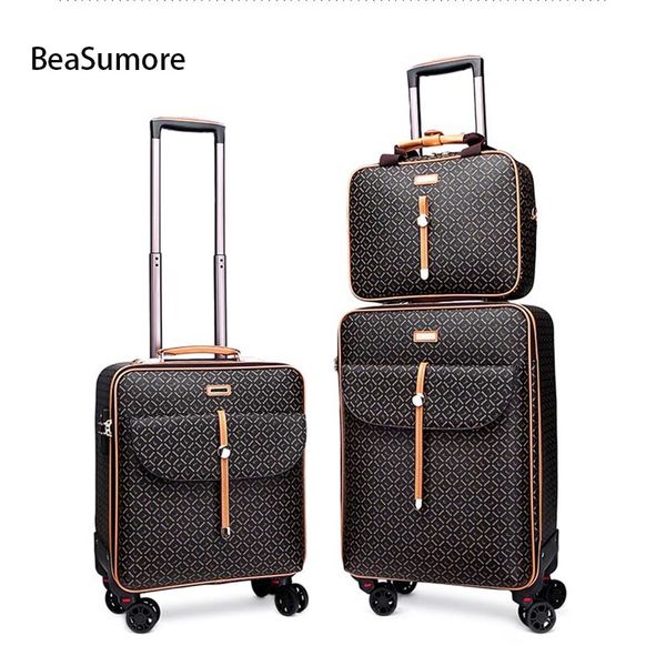

beasumore fashion retro pu leather rolling luggage sets spinner women suitcase wheels travel bag trolley 16/20 inch cabin trunk