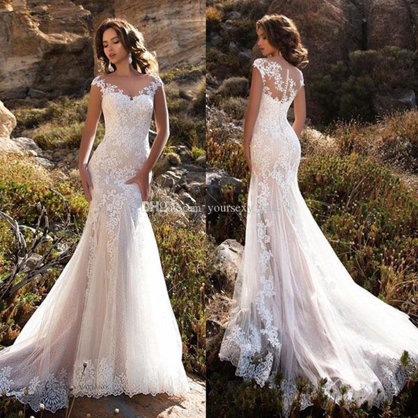 

white mermaid wedding dresses sheer neck cap sleeves lace appliques tulle see through button wedding dresses bridal gowns vestidos