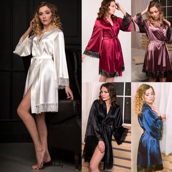 

women satin robe lace nightgown pajamas sleepwear kimono babydoll robes, Black;red