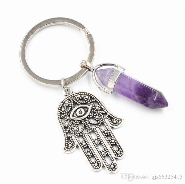 

15hexagon chakra natural stone healing point bullet chakra keychain turquoise pink quartz crystal fatima evil eye palm charms key chains bag, Slivery;golden
