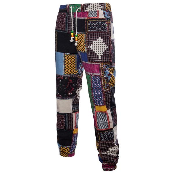 

oeak men's fashion exquisite printed cotton linen pants new loose slim fit fitness gym sports casual pants plus size, Black