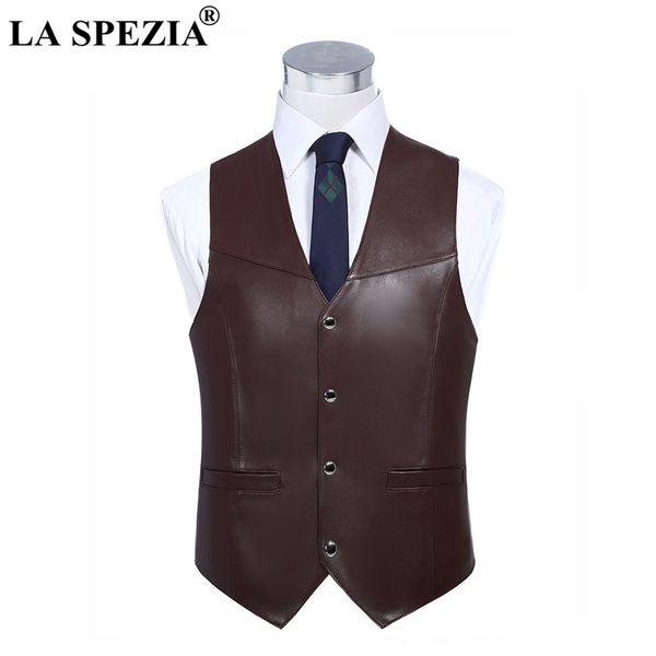 

la spezia mens brown vest genuine sheepskin leather waistcoat male business luxury slim vintage spring gilet 4xl, Black;white