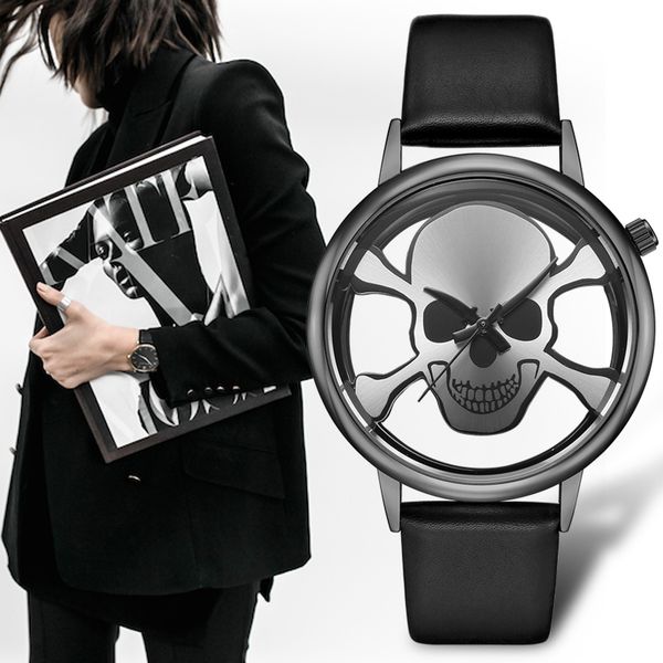 

geekthink hollow skull design fashion brand quartz watch women ladies casual wrist watches leather womens clock female girls, Slivery;brown