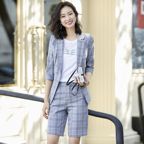

2020 summer autumn plaid short pant suits women office business suits uniform styles elegant plaid pant formal work wear sets, White;black