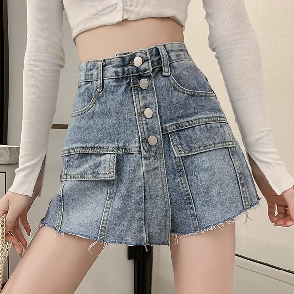 

vintage high waist single button a-line skirt ladies summer women jeans skirts blue pockets was thin mini denim skirt jupe, Black
