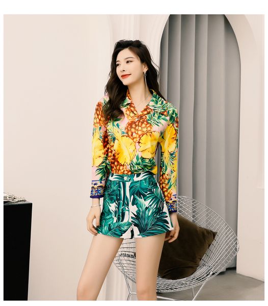 

2020 long sleeve new spring summer women set runway fashion designer long sleeve slim blouses+printed female skirt two pieces set lady suits, White