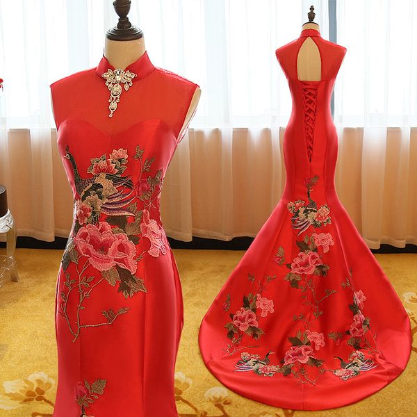 

long mermaid trailing cheongsams oriental evening dress chinese style fashion flower embroidery qipao vestidos, Red