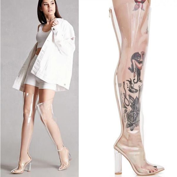 

new summer clear pvc tall boots transparent summer women boots high heels pointed toe ovet the knee, Black