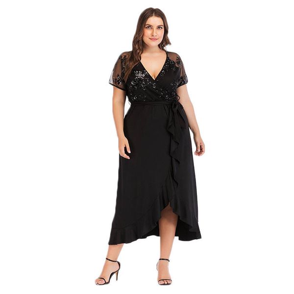 

плюс размер дизайнер женские платья с коротким рукавом блестки женские платья с пояса нерегулярное v шеи вскользь женская одежда, Black;gray