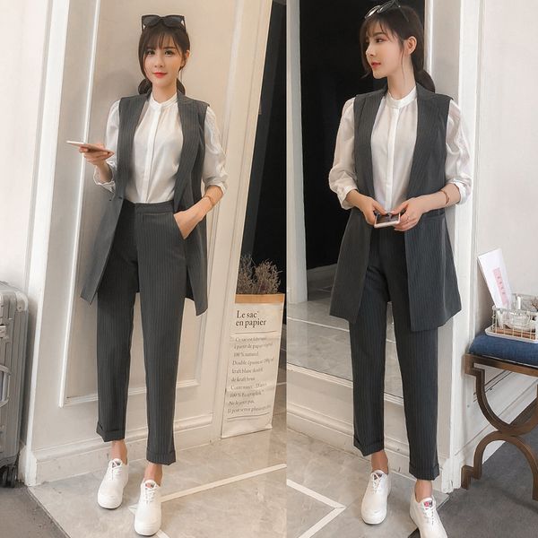 

women's suit women's new stripe long temperament elegant sleeveless vest suit + commuter nine pants women two piece outfits, Gray