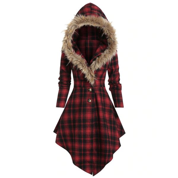 

women blouse 2019 plus big sizes hooded plaid print faux fur cape high fashion women blouses and warm blusas de mujer #3, White