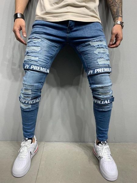 

синий проблемные двойные обвертыванием уличная денима джинсы, Blue