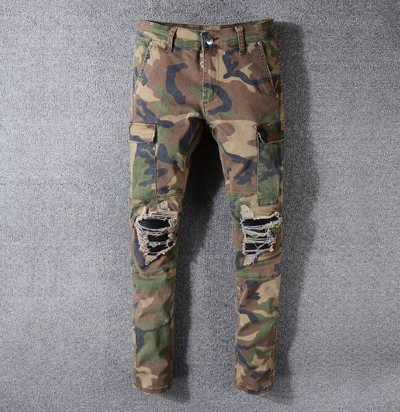 

mens jeans classic hip hop denim camouflage jean hole distressed ripped biker pant slim fit motorcycle rock trousers rcin, Black