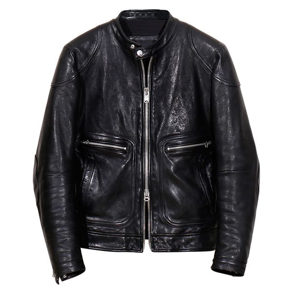 

men's litaly sheepskin genuine leather jacket glossy motorcycle leather coat men slim fit short zipper moto biker jacket male, Black