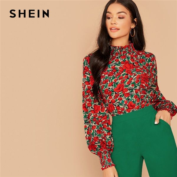 

shein floral print shirred neck elegant blouse women spring autumn stand collar bishop sleeve button back blouses and, White