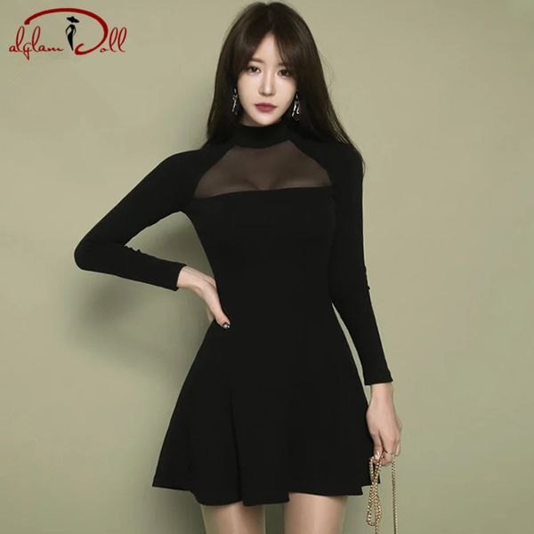 

2019 осень внутри черный сексуальное платье полный рукав спинки сетки ткань женщины плиссированные фигурист мини-клуб платья, Black;gray