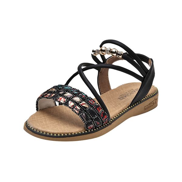

vogue new summer fashion flat-heeled sandals beaded roman women casual shoes summer british wind wedge heel shoe outside july 1, Black