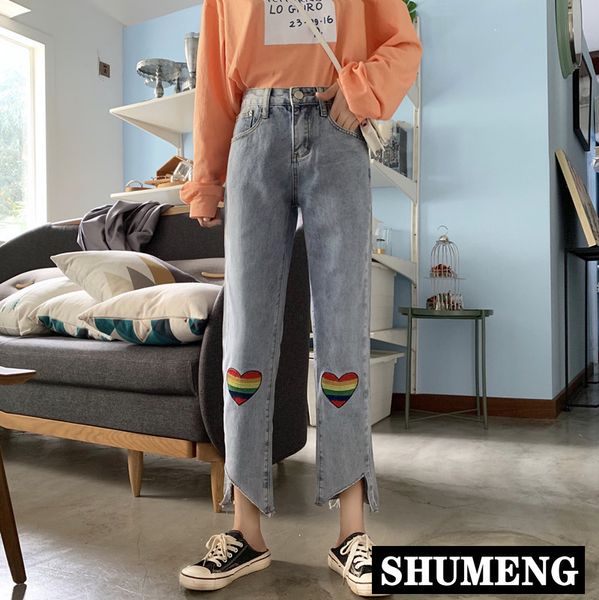 

вышитые джинсы женские свободные прямые джинсы брюки весна лето 2020 новый ретро студенты сердце лодыжки длина брюки большой размер, Blue