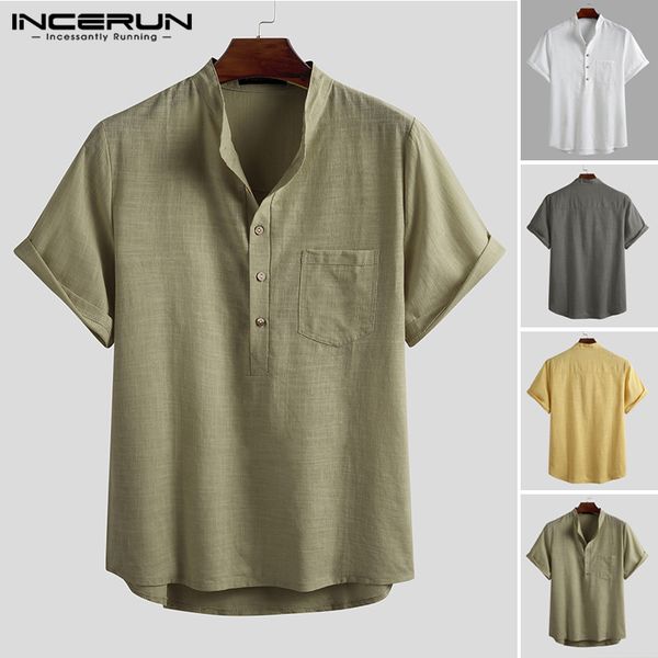 

men cotton shirt short sleeve 2020 loose plain stand collar streetwear harajuku casual camisa masculina incerun s-3xl, White;black