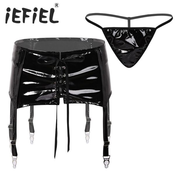 

2pcs women wet look pvc leather lingerie set lace-up garter belt with 6 adjustable straps metal clips and g-string briefs, Black;white