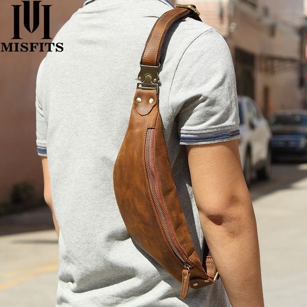 

misfits cow leather men messenger bag fashion waist pack for cell phone male crazy horse leather chest bag small shoulder bags