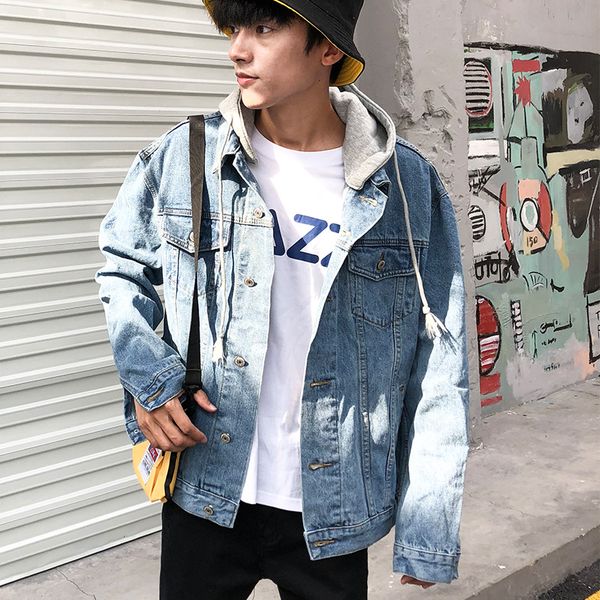 

cowboy men's jean jacket autumn outerwear fresh wild college korean casual style light blue patch hole loose denim jacket