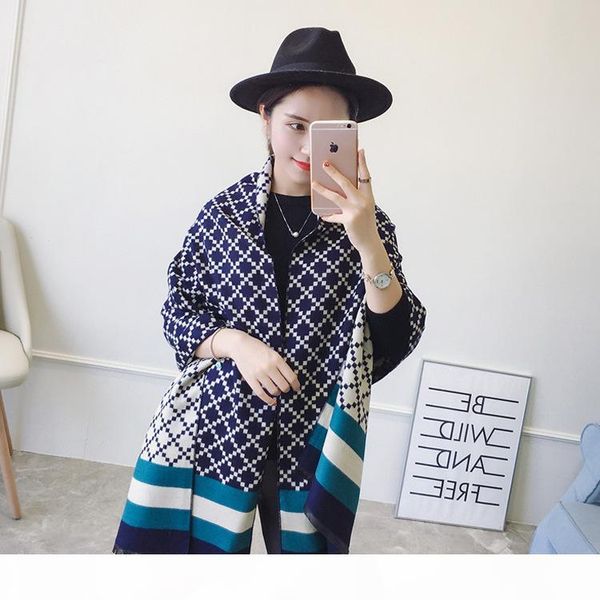 

wholesale-autumn and winter models diamond lattice striped scarf long cashmere warm ladies scarf double sided wild big shawl, Blue;gray
