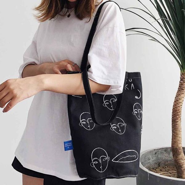 

38# canvastote print women bag casual beach tote eco shopping bag simple large capacity retro shoulder shopping cloth bags