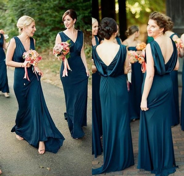 2019 Teal Green Sheath Bridesmaid Dresses Open Back Floor Length V