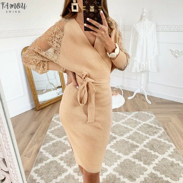 

autumn winter elegant knitted dress women 2020 new woolen split pencil dress lace long sleeve v neck party clubwear belt lady, Black;gray