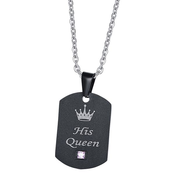 

black stainless steel rectangle dog tag crown crystal couple romantic pendant necklace with ball chain, Silver