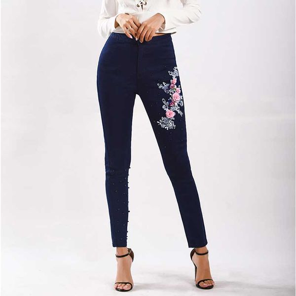 

women stylish embroidered flower jeans with pearls navy blue slit oversize femme beading high waist denim long pants pencil