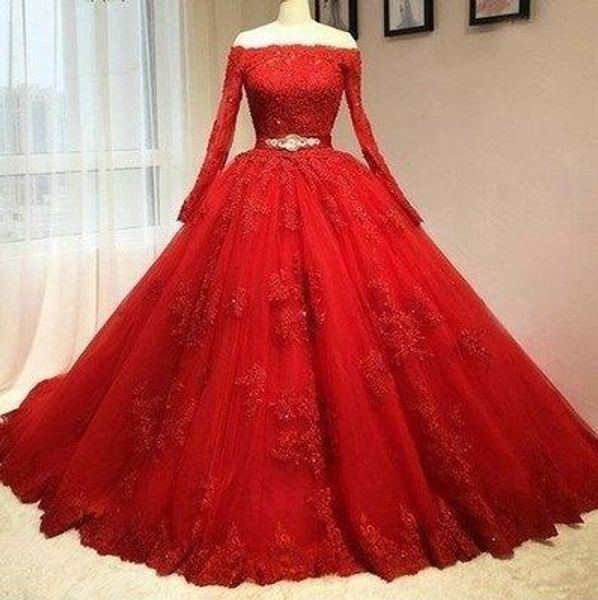Rote Spitze Kristall Schärpen Quinceanera Kleider Prom Ball Kleid 2020 Langarm Illusion Boot Neck Vestidos de Novia Party Sweet 16 Kleid Mädchen
