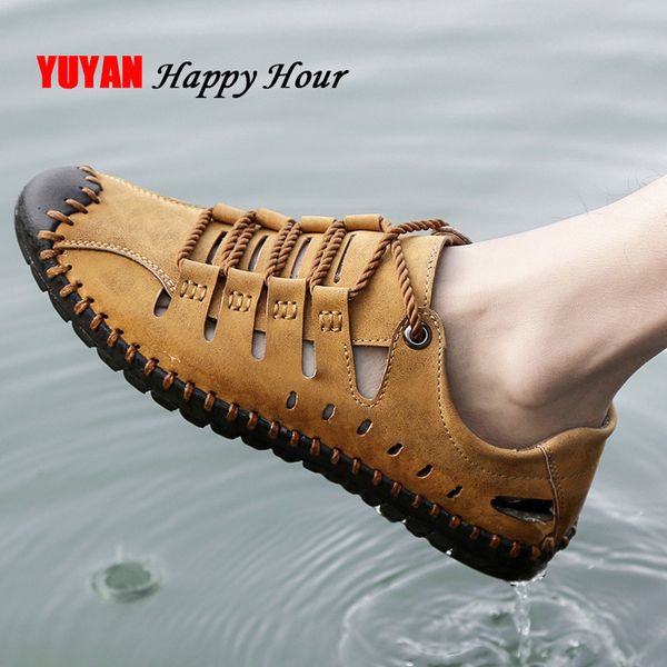 

mens sandals summer shoes men beach sandals flat soft leather men shoes 2019 summer fashion sandalias male beach ka742, Black