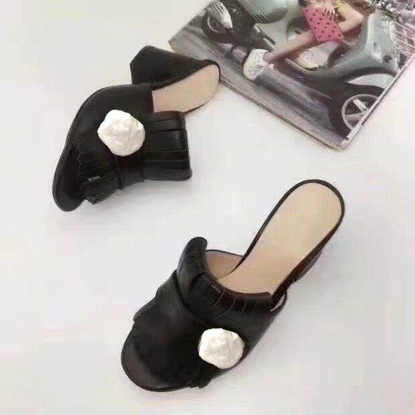 

классическая женщина леди лето дизайнер сандалии металла пряжки сексуальные высокие кожаные туфли на каблуках грубый пятки половина тапочки, Black