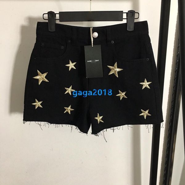 

high end women girls denim shorts pant jeans embroidery all over stars casual loose a-line pants milan runway fashion design luxury trousers, Blue